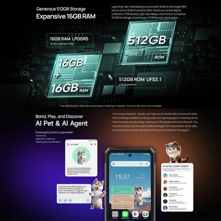Ulefone Armor 34+，16GB+512GB，夜視，IP68/IP69K 堅固型手機，6.95 吋 Android 15 聯發科天璣 7400X 八核心，網絡：5G，NFC，OTG，Armor 34+