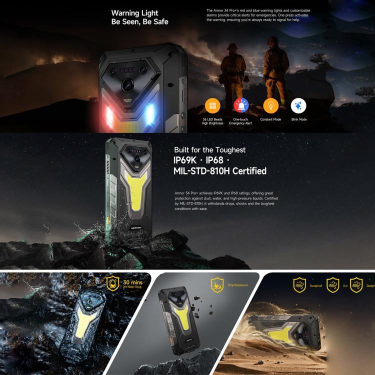 Ulefone Armor 34 Pro+ 投影機，16GB+512GB，夜視，IP68/IP69K 堅固型手機，6.95 吋 Android 15 聯發科天璣 7400X 八核心，網絡：5G，NFC，OTG，Armor 34 Pro+