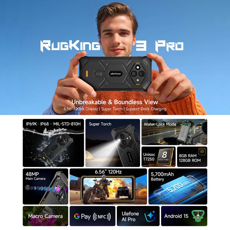 Ulefone RugKing 3 Pro，8GB+128GB，IP68/IP69K 耐用手機，6.56 吋 Android 15 Unisoc T7250 八核心，網路：4G，NFC，OTG，RugKing 3 Pro，RugKing 3 Pro，8GB+128GB