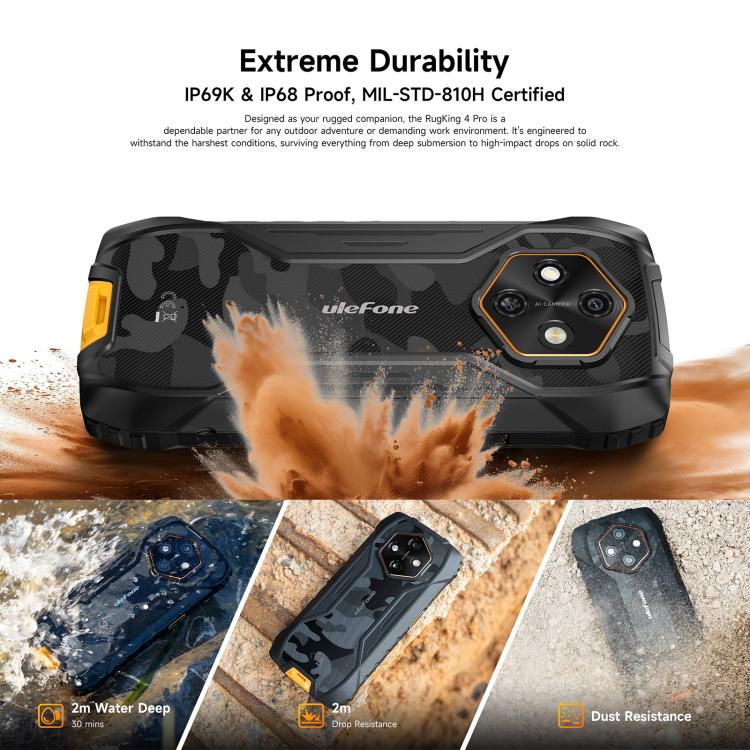 Ulefone RugKing 4 Pro，8GB+256GB，IP68/IP69K 耐用手機，6.56 吋 Android 15 Unisoc T7250 八核心，網路：4G，NFC，OTG，RugKing 4 Pro，RugKing 4 Pro，8GB+256GB