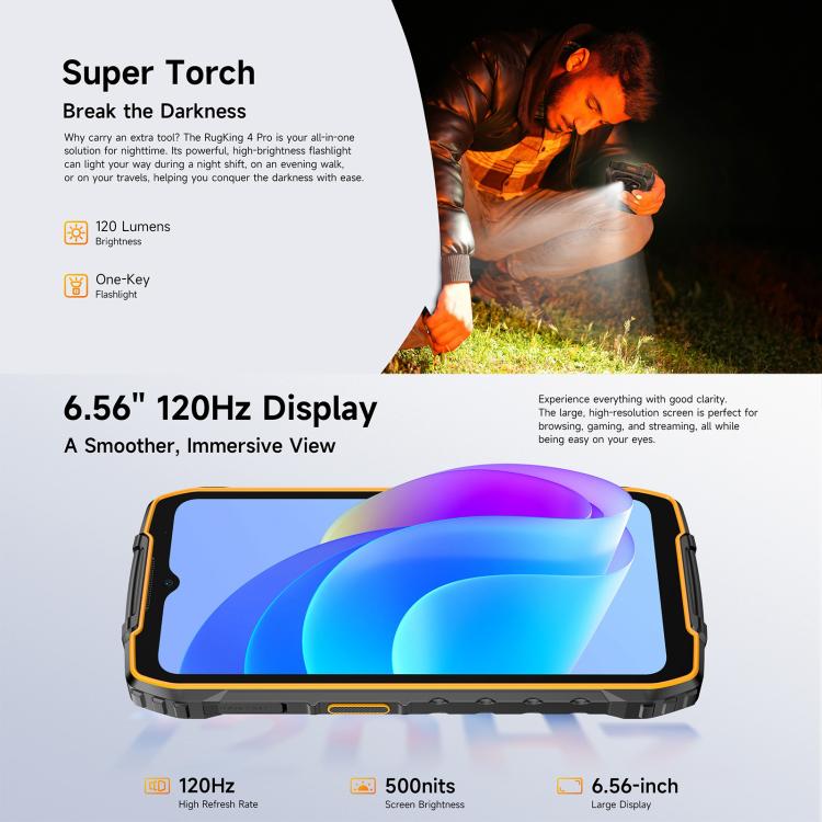 Ulefone RugKing 4 Pro，8GB+256GB，IP68/IP69K 耐用手機，6.56 吋 Android 15 Unisoc T7250 八核心，網路：4G，NFC，OTG，RugKing 4 Pro，RugKing 4 Pro，8GB+256GB