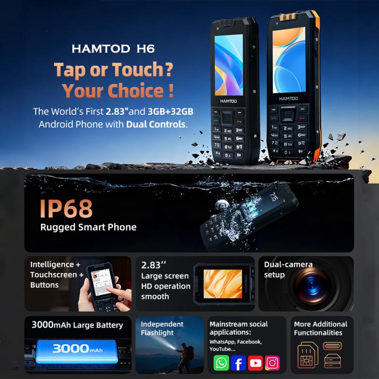 HAMTOD H6 耐用型手機，3GB+32GB，2.83 吋 Android 11 UNISOC SC9832E 四核心，網路：4G，VoLTE，SOS