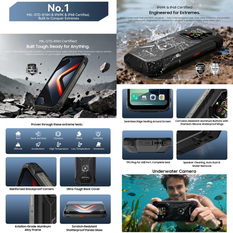 Blackview ROCK 1 耐用手機，8GB+256GB，6.56 吋 Android 16 MT6769V/CB Helio G81 八核心，網路：4G，OTG，NFC，ROCK 1 8GB+256GB
