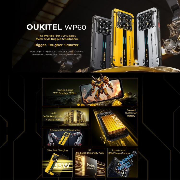 Oukitel WP60 三防手機，12GB+512GB，夜視，108MP 相機，側邊指紋，7.2 吋 Android 15 MediaTek 天璣 7025 八核心，NFC，OTG，網路：5G，12GB+512GB