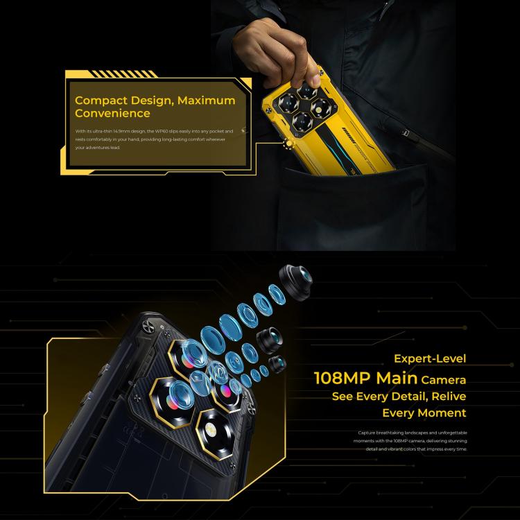 Oukitel WP60 三防手機，8GB+256GB，夜視，108MP 相機，側邊指紋，7.2 吋 Android 15 MediaTek 天璣 7025 八核心，NFC，OTG，網路：5G，8GB+256GB