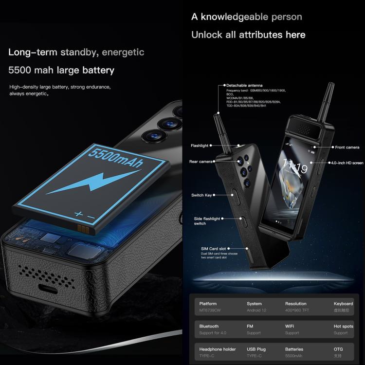 SOYES W88 Pro，4GB+64GB，4600mAh 電池，4.0 吋 Android 12 MTK6739CW 四核心，網路：4G，OTG，雙 SIM，W88 Pro，4GB+64GB
