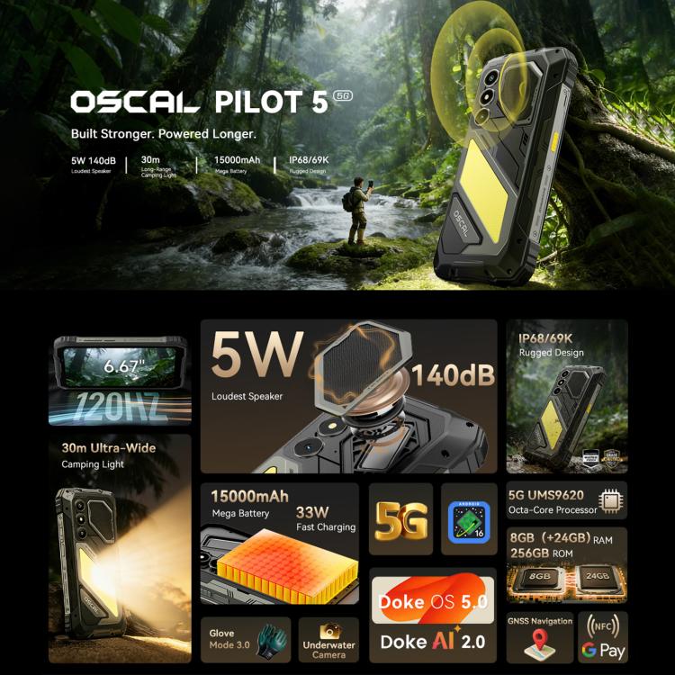 Blackview Oscal Pilot 5 5G 耐用手機，8GB+256GB，6.67 吋 Android 16 UMS9620 T8100 八核心，網路：5G，OTG，NFC