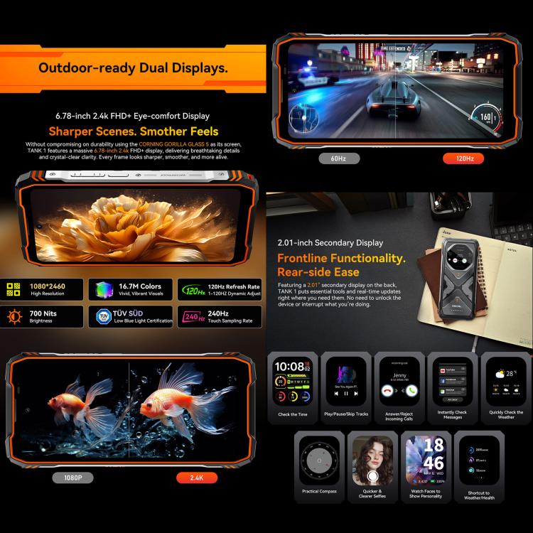 Blackview Oscal TANK 1，12GB+256GB，6.78 吋 Android 15 DokeOS 4.2 聯發科 Dimensity 7050 八核心，網路：5G，OTG，NFC，12GB+256GB
