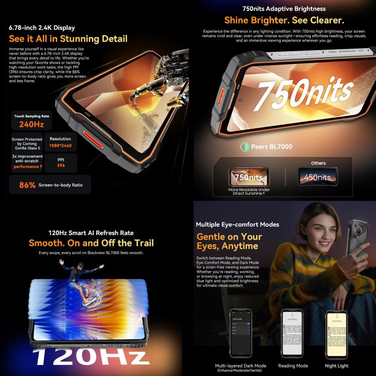 Blackview BL7000 耐用手機，8GB+512GB，6.78 吋 Android 15 聯發科 Dimensity 6300 八核心，網路：5G，NFC，OTG，8GB+512GB