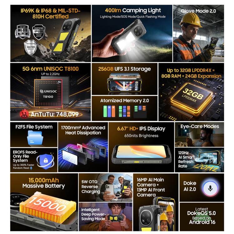 Blackview ROCK 2 Pro 耐用手機，8GB+256GB，6.67 吋 Android 16 Unisoc UMS9620 T8100 八核心，網路：5G，OTG，NFC