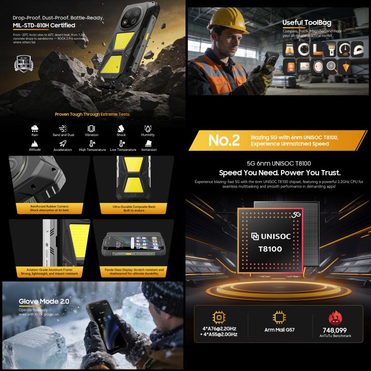 Blackview ROCK 2 Pro 耐用手機，8GB+256GB，6.67 吋 Android 16 Unisoc UMS9620 T8100 八核心，網路：5G，OTG，NFC