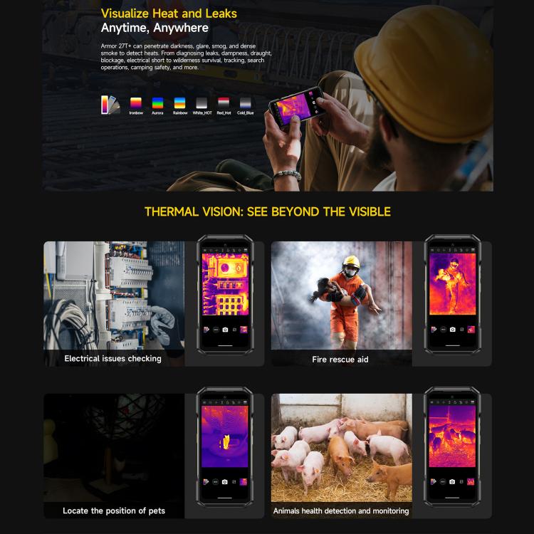 Ulefone Armor 27T+ 堅固型手機，12GB+256GB，熱成像儀，夜視，10600mAh，6.78 吋 Android 14，MediaTek Helio G99 八核心，網路：4G，NFC，OTG，Armor 27T+