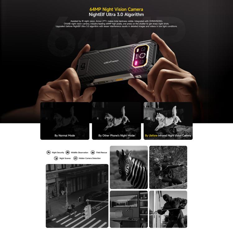 Ulefone Armor 27T+ 堅固型手機，12GB+256GB，熱成像儀，夜視，10600mAh，6.78 吋 Android 14，MediaTek Helio G99 八核心，網路：4G，NFC，OTG，Armor 27T+