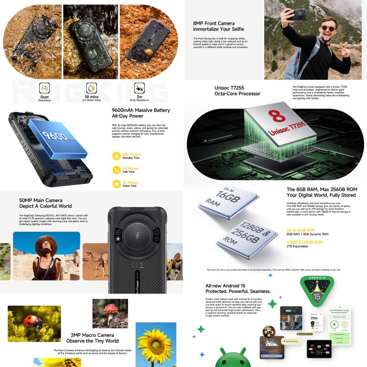 Ulefone RugKing，8GB+128GB，IP68/IP69K 耐用手機，5.99 吋 Android 15 Unisoc T7255 八核心，網路：4G，NFC，OTG，RugKing，8GB+128GB