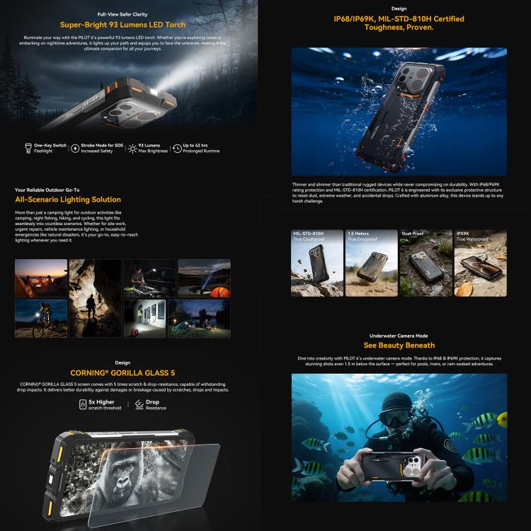Blackview Oscal Pilot 6 熱感堅固手機，12GB+256GB，夜視相機，6.78 吋 Android 16 MediaTek MT8781 Helio G100 八核心，網路：5G，OTG，NFC