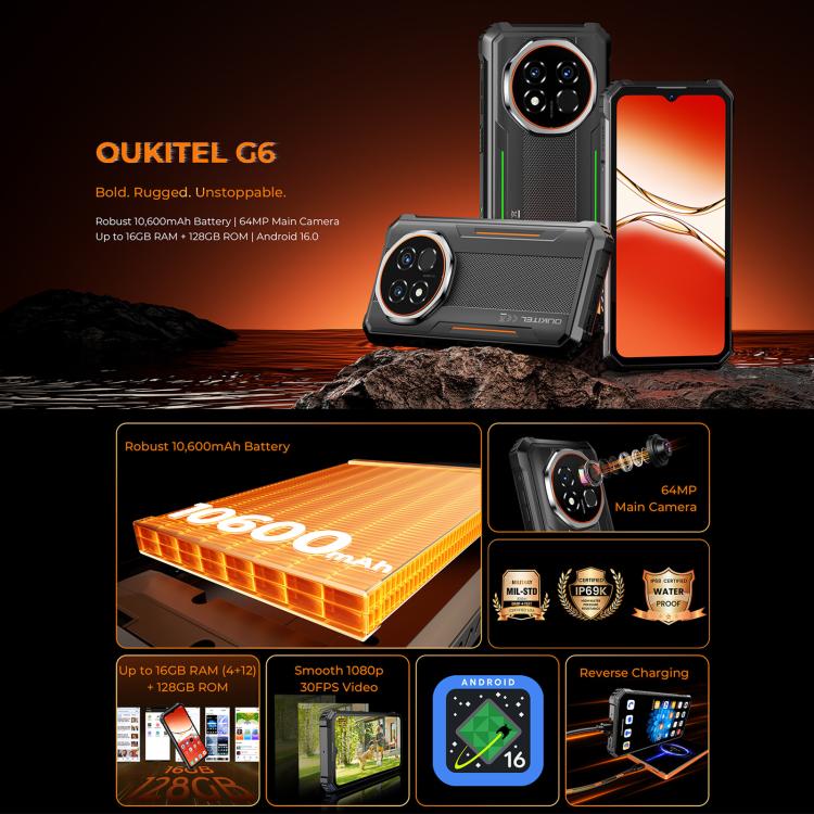 Oukitel G6 三防手機，4GB+128GB，指紋識別，10600mAh 電池，6.52吋 Android 16.0 Unisoc T615 八核心，NFC，OTG，網絡：4G，4GB+128GB