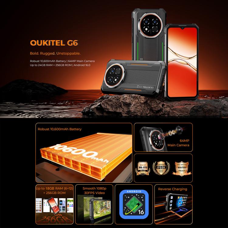 Oukitel G6 三防手機，8GB+256GB，指紋識別，10600mAh 電池，6.52吋 Android 16.0 Unisoc T615 八核心，NFC，OTG，網絡：4G，6GB+256GB