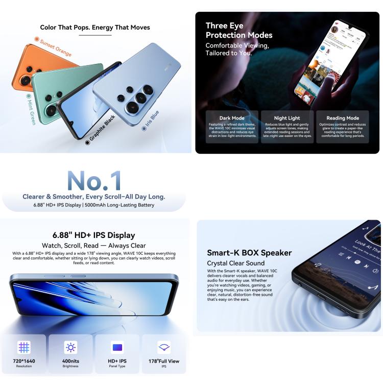Blackview WAVE 10C，4GB+128GB，6.88 吋 Android 16 Unisoc UMS312 / T310 八核心，網路：4G，OTG，WAVE 10C，4GB+128GB