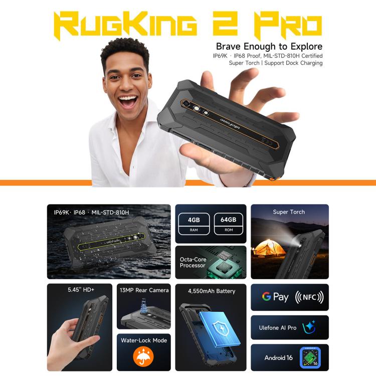 Ulefone RugKing 2 Pro, 4GB+64GB, IP68/IP69K Rugged Phone, 5.45 inch Android 16 Unisoc T7250 Octa Core, Network: 4G, NFC, OTG, RugKing 2 Pro, 4GB+64GB
