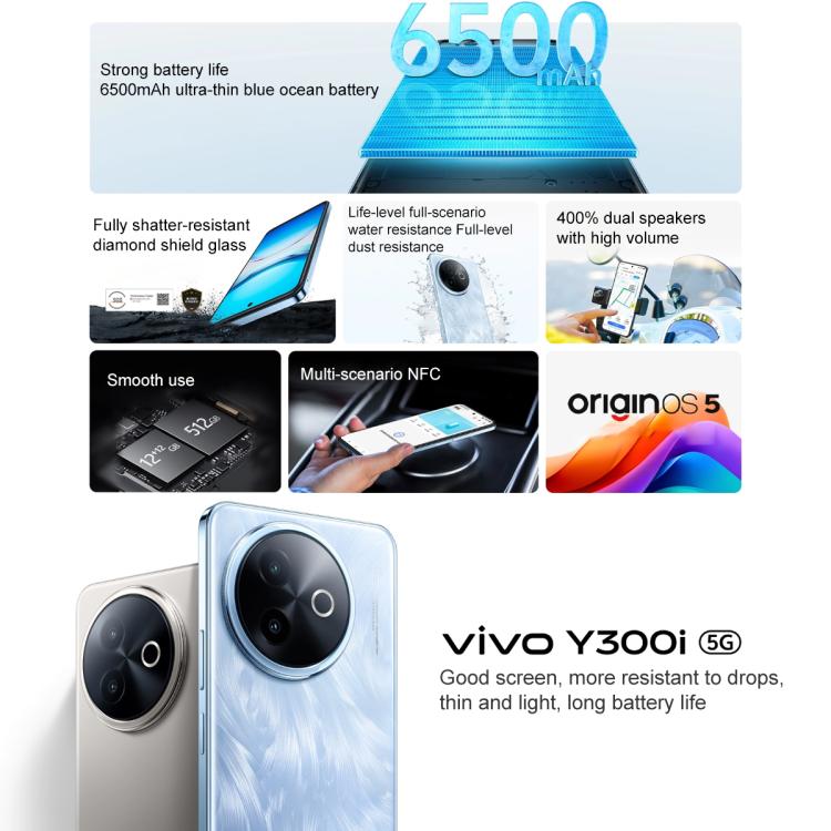vivo Y300i，12GB+512GB，面部識別 / 側邊指紋，6.68 吋 Android 15 OriginOS 5 Snapdragon 4 Gen 2 八核心，OTG，NFC，網絡：5G，12GB+512GB