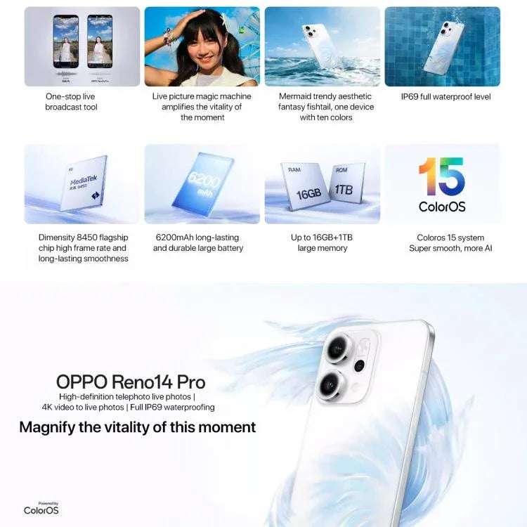 OPPO Reno14 Pro AI 手機，16GB+1TB，螢幕指紋，6.83 吋 ColorOS 15.0 Dimensity 8450 八核心，NFC，OTG，網絡：5G，16GB+1TB