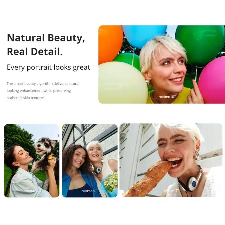 Realme 15T，8GB+128GB，螢幕指紋辨識，6.57 吋 Realme UI 6.0 Android 15 MediaTek Dimensity 6400 Max 八核心，NFC，網路：5G，8GB+128GB