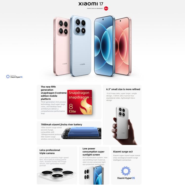小米 17，12GB+256GB，3D 超聲波指紋，6.3 吋 小米 HyperOS 3 Snapdragon 8 Elite Gen 5 八核心，NFC，網路：5G，12GB+256GB