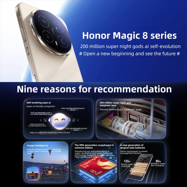 Honor Magic8 Pro，12GB+256GB，螢幕指紋，6.71 吋 MagicOS 10.0 / Android 16 Snapdragon 8 Elite 第五代八核心，網路：5G，NFC，OTG，12GB+256GB