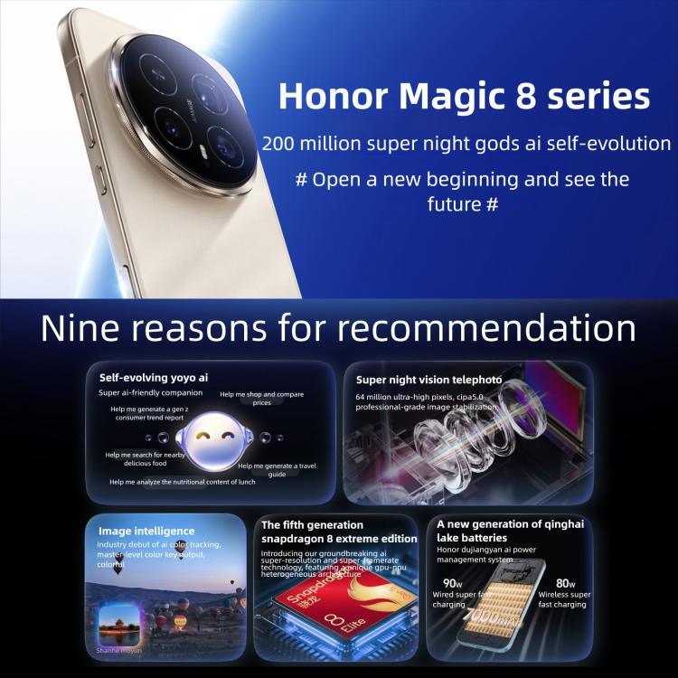 Honor Magic8 Pro，16GB+512GB，螢幕指紋，6.71 吋 MagicOS 10.0 / Android 16 Snapdragon 8 Elite 第五代八核心，網路：5G，NFC，OTG，16GB+512GB