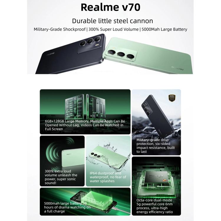 Realme V70，6GB+128GB，6.67 吋 Realme UI 6.0 Android 15 Dimensity 6300 5G 八核心，網路：5G，6GB+128GB