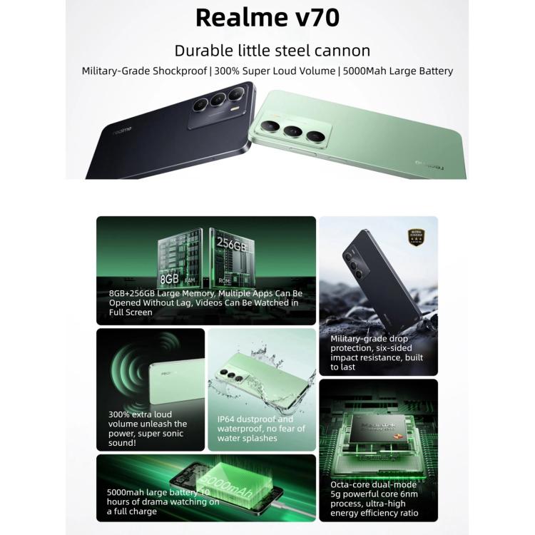 Realme V70，8GB+256GB，6.67 吋 Realme UI 6.0 Android 15 Dimensity 6300 5G 八核心，網路：5G，8GB+256GB