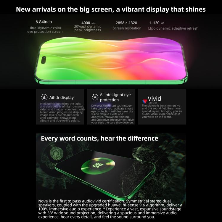 Huawei nova 15 Pro，崑崙玻璃，12GB+256GB，側邊指紋辨識，6.84 吋 HarmonyOS 6.0 麒麟 9010S 八核心，NFC，OTG，不支援 Google Play，12GB+256GB