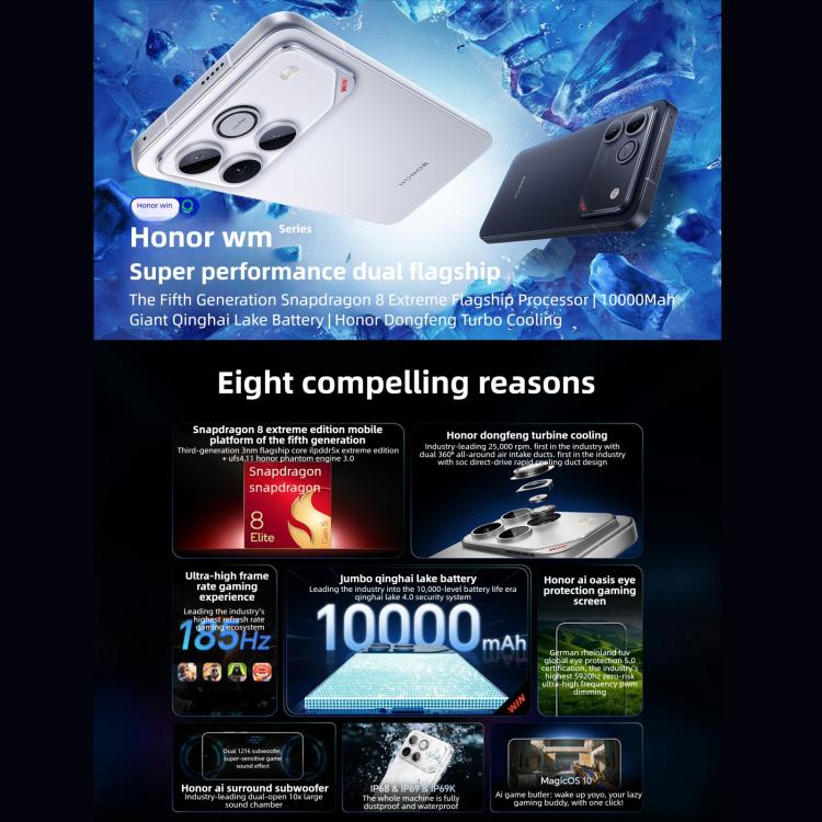 Honor WIN，16GB+1TB，3D 超聲波指紋，10000mAh 電池，6.83 吋 MagicOS 10.0 / Android 16 Snapdragon 8 Elite 第五代八核心，網絡：5G，NFC，OTG，16GB+1TB