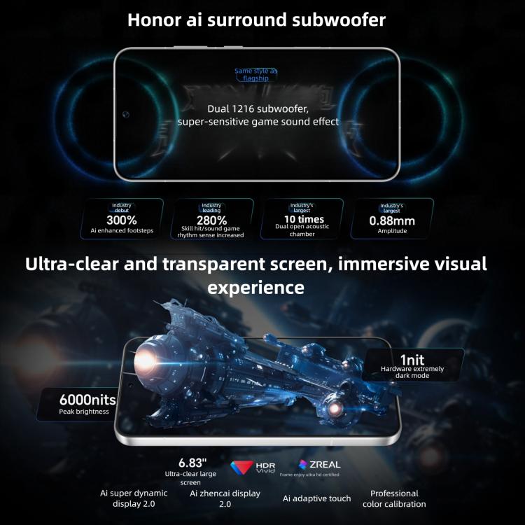 Honor WIN，16GB+512GB，3D 超聲波指紋，10000mAh 電池，6.83 吋 MagicOS 10.0 / Android 16 Snapdragon 8 Elite 第五代八核心，網絡：5G，NFC，OTG，16GB+512GB