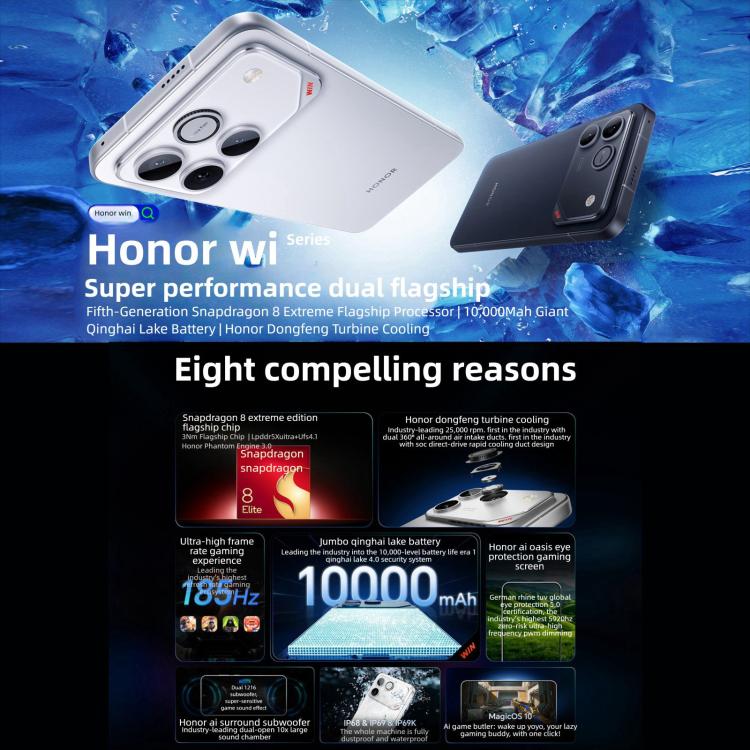 Honor WIN RT，12GB+512GB，3D 超聲波指紋，10000mAh 電池，6.83 吋 MagicOS 10.0 / Android 16 Snapdragon 8 Elite 八核心，網絡：5G，NFC，OTG，12GB+512GB