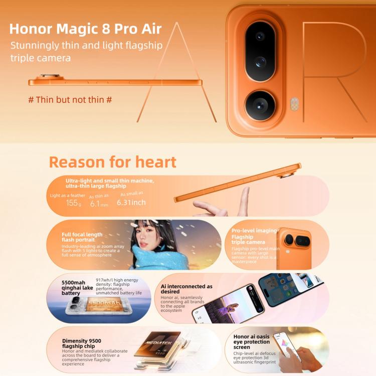 Honor Magic8 Pro Air，16GB+512GB，螢幕指紋，6.31 吋 MagicOS 10.0 / Android 16，Dimensity 9500 八核心，網路：5G，NFC，OTG，16GB+512GB