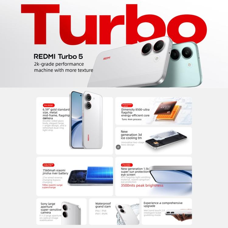 小米 REDMI Turbo 5，16GB+256GB，6.59 吋 小米 HyperOS 3 Dimensity 8500-Ultra 八核心，NFC，網路：5G，16GB+256GB