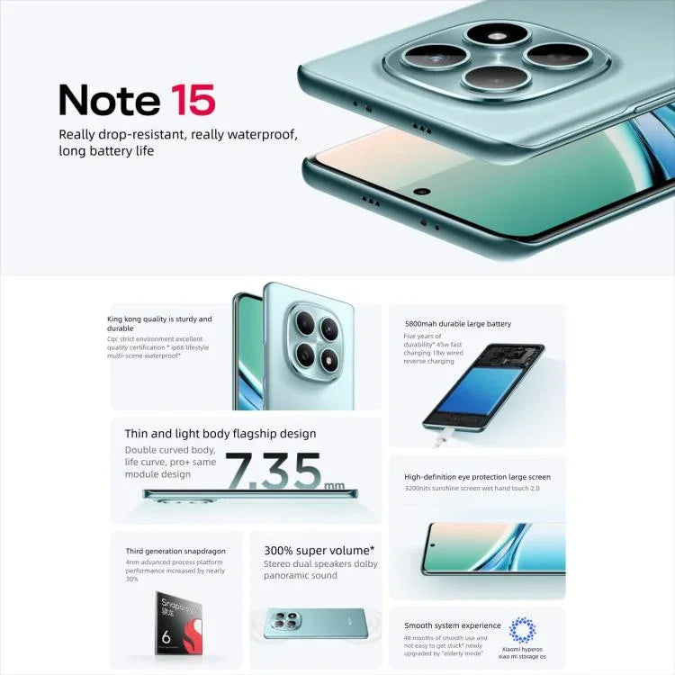 小米 Redmi Note 15 5G，8GB+128GB，6.77 吋 小米 HyperOS 2 Snapdragon 6 Gen 3 八核心，網路：5G，8GB+128GB
