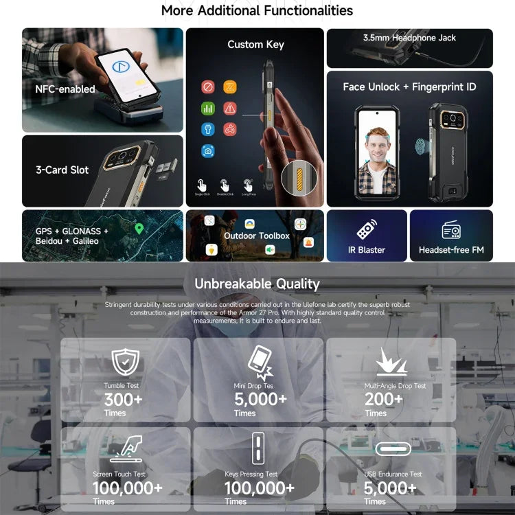 Ulefone Armor 27 Pro 堅固型手機，12GB+256GB，夜視，10600mAh，6.78 吋 Android 14 MediaTek Dimensity 6300 八核心，網路：5G，NFC，Armor 27 Pro