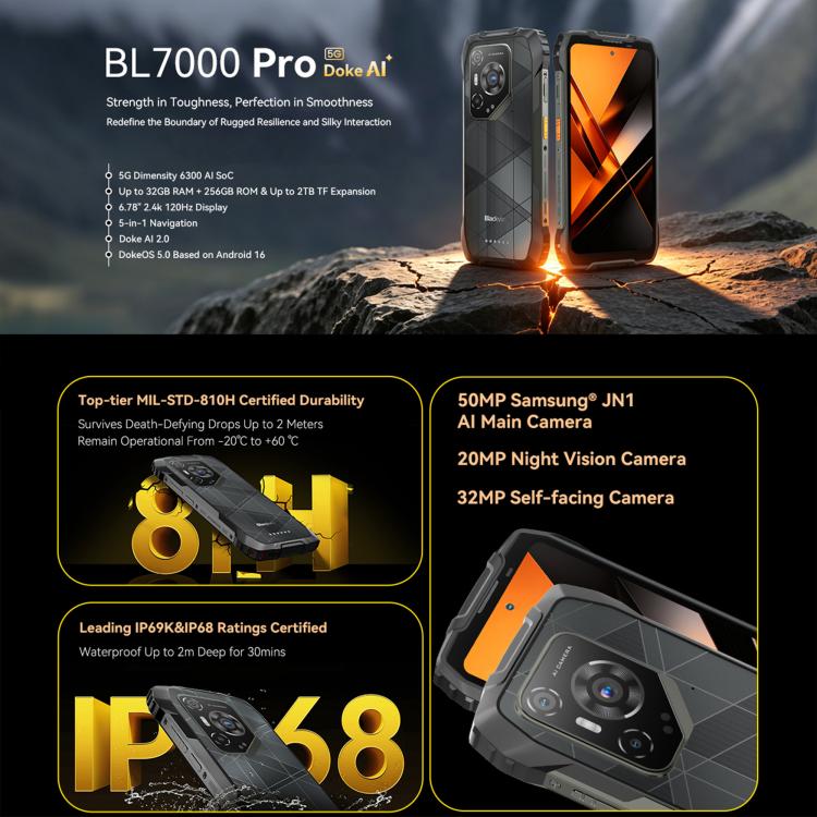 Blackview BL7000 堅固型手機，8GB+256GB，6.78 吋 Android 15 MediaTek Dimensity 6300 八核心，網絡：5G，NFC，OTG，8GB+256GB