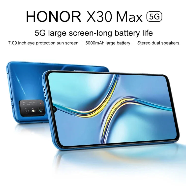 雙後置相機，側邊指紋辨識，5000mAh 電池，7.09 吋 Magic UI 5.0（Android R）Dimensity 900 八核心最高 2.4GHz，網路：5G，NFC，不支援 Google Play，X30 Max 5G 8GB+128GB