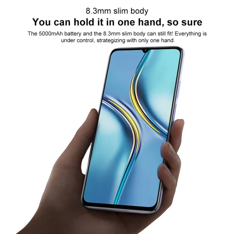 雙後置相機，側邊指紋辨識，5000mAh 電池，7.09 吋 Magic UI 5.0（Android R）Dimensity 900 八核心最高 2.4GHz，網路：5G，NFC，不支援 Google Play，X30 Max 5G 8GB+128GB