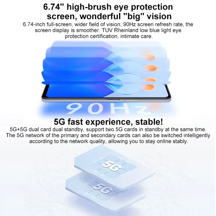 三鏡頭後置相機，側邊指紋辨識，5000mAh 電池，6.74 吋 Magic UI 5.0（Android 11）MediaTek Dimensity 700 八核心最高 2.2GHz，網路：5G，OTG，不支援 Google Play，8GB+128GB