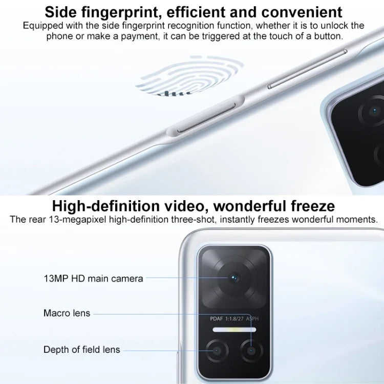 三鏡頭後置相機，側邊指紋辨識，5000mAh 電池，6.74 吋 Magic UI 5.0（Android 11）MediaTek Dimensity 700 八核心最高 2.2GHz，網路：5G，OTG，不支援 Google Play，8GB+128GB