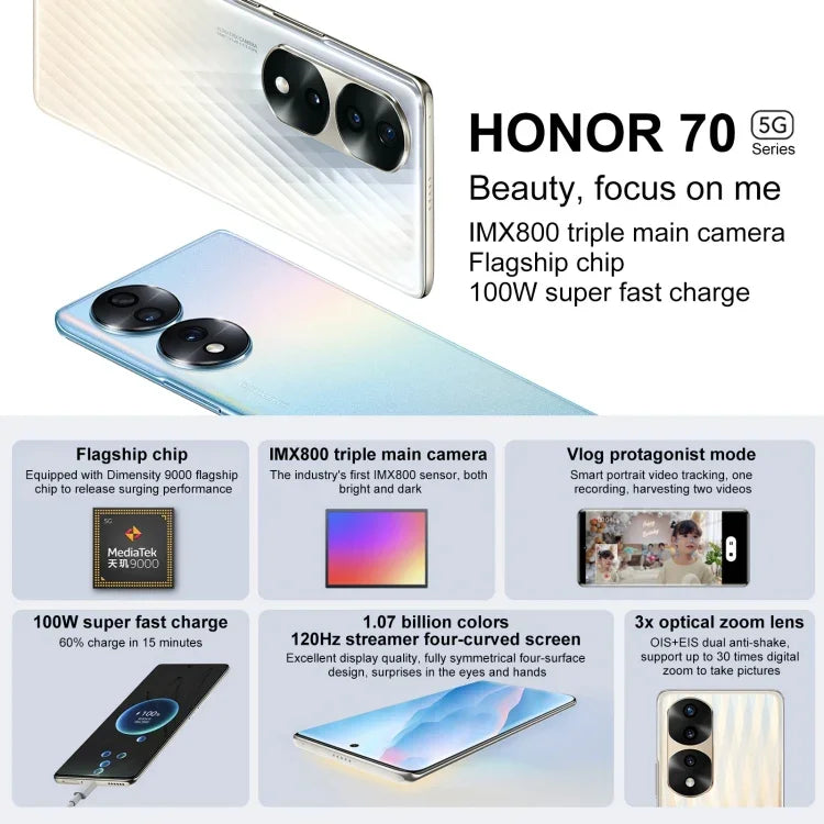 三鏡頭後置，螢幕指紋辨識，6.78 吋 Magic UI 6.1 天璣 9000 八核心最高 3.05GHz，網路：5G，OTG，NFC，不支援 Google Play，Honor 70 Pro+ 5G 8GB+256GB