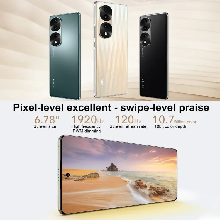 三鏡頭後置，螢幕指紋辨識，6.78 吋 Magic UI 6.1 天璣 9000 八核心最高 3.05GHz，網路：5G，OTG，NFC，不支援 Google Play，Honor 70 Pro+ 5G 8GB+256GB