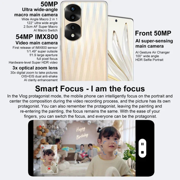 三鏡頭後置，螢幕指紋辨識，6.78 吋 Magic UI 6.1 天璣 9000 八核心最高 3.05GHz，網路：5G，OTG，NFC，不支援 Google Play，Honor 70 Pro+ 5G 8GB+256GB