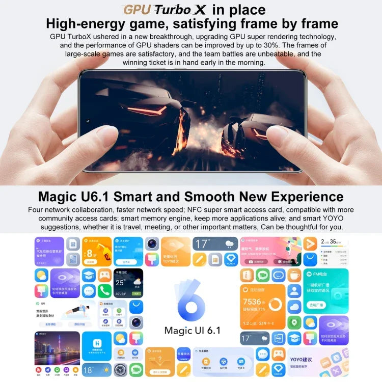 三鏡頭後置，螢幕指紋辨識，6.78 吋 Magic UI 6.1 天璣 9000 八核心最高 3.05GHz，網路：5G，OTG，NFC，不支援 Google Play，Honor 70 Pro+ 5G 12GB+256GB