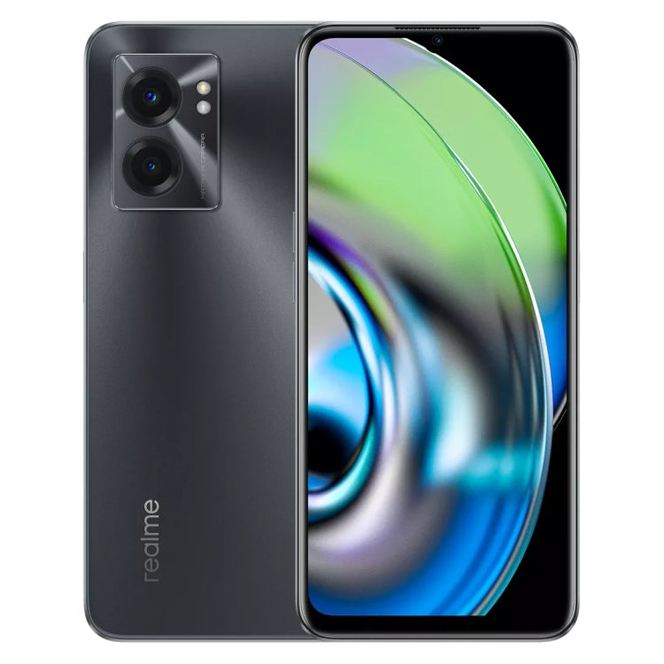 雙鏡頭後置，側邊指紋辨識，5000mAh 電池，6.58 吋 Realme UI 3.0 / Android 12 聯發科天璣 810 八核心最高 2.4GHz，網路：5G，支援 Google Play，12GB+256GB