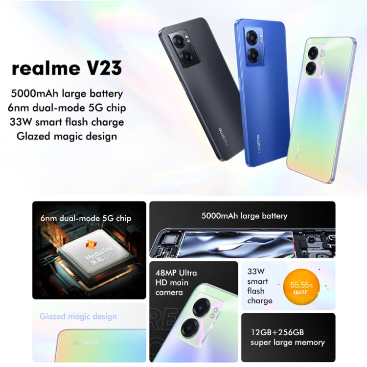雙鏡頭後置，側邊指紋辨識，5000mAh 電池，6.58 吋 Realme UI 3.0 / Android 12 聯發科天璣 810 八核心最高 2.4GHz，網路：5G，支援 Google Play，12GB+256GB